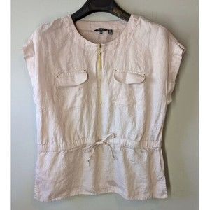 Ellen Tracy Linen Top Gold Tassel Zipper Drawstring Waist Sz L